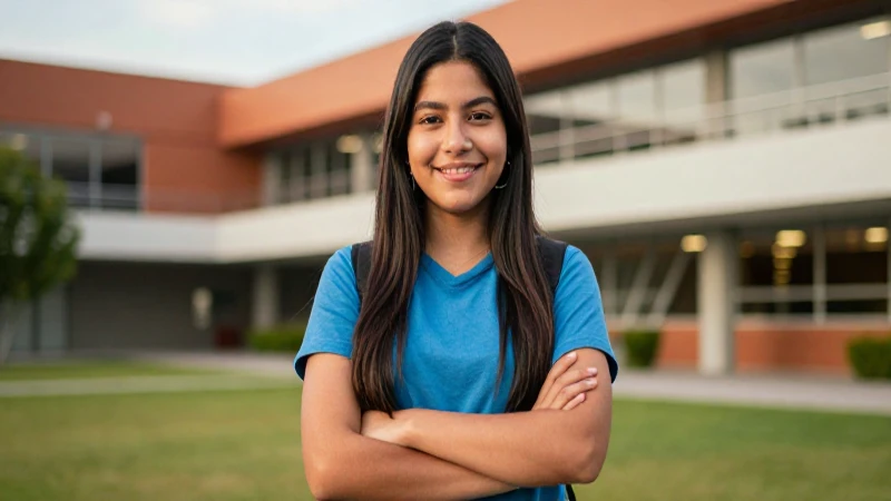 Estudiante mexicano exitoso con campus vibrante