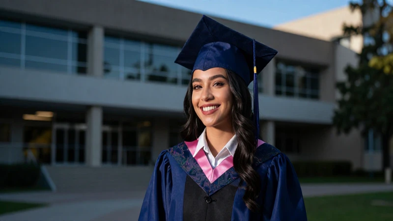 Joven graduado mexicano sonríe en campus moderno
