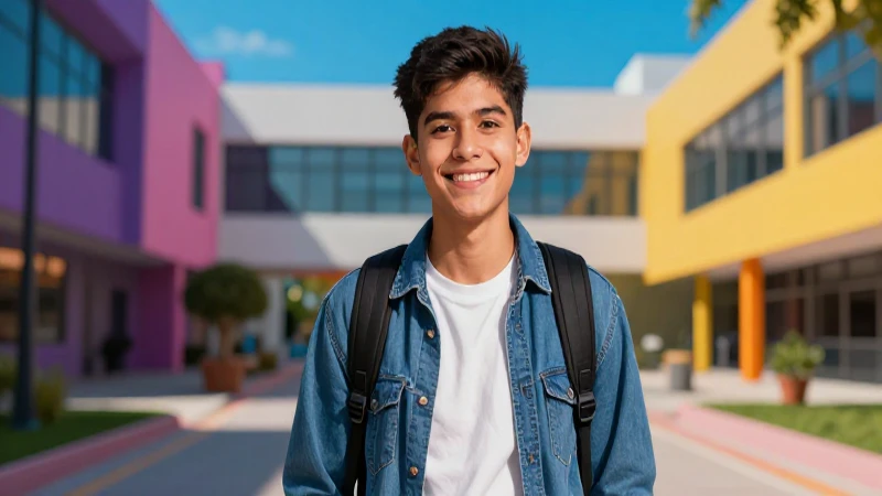 Estudiante mexicano sonriente en campus vibrante