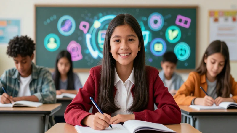 Estudiante mexicano alegre en aula moderna