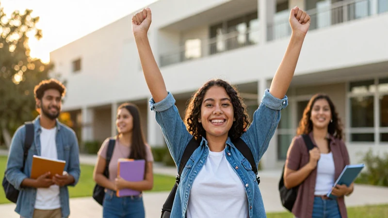 Estudiante mexicano sonriente triunfa en campus moderno