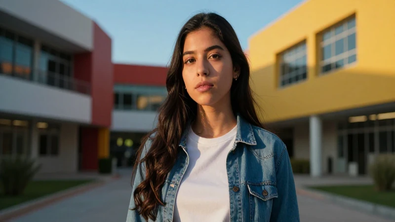 Estudiante mexicano ambicioso en campus moderno con iluminación dramática