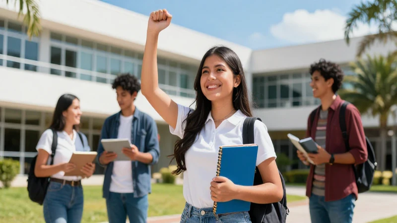 Estudiante mexicano exitoso en campus moderno y vibrante