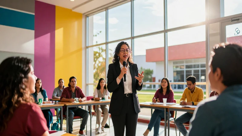 Maestro mexicano en campus moderno y vibrante
