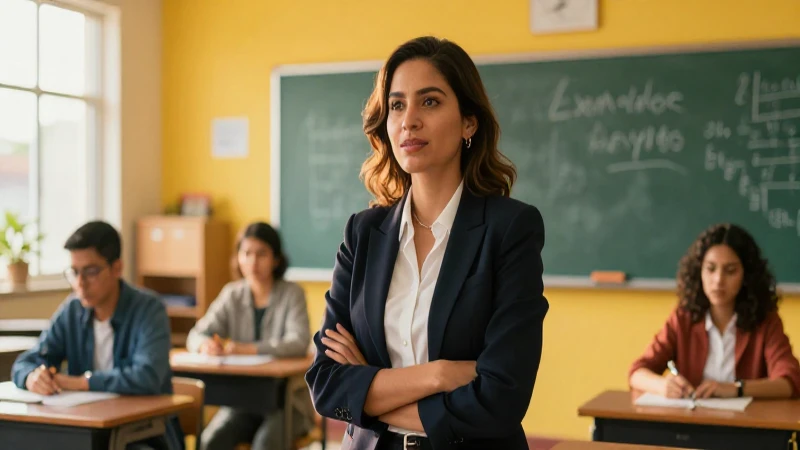 Maestro mexicano dinámico en un aula moderna y vibrante