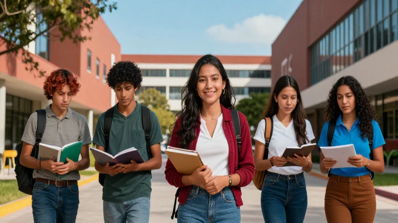 Estudiante mexicano exitoso en campus universitario moderno