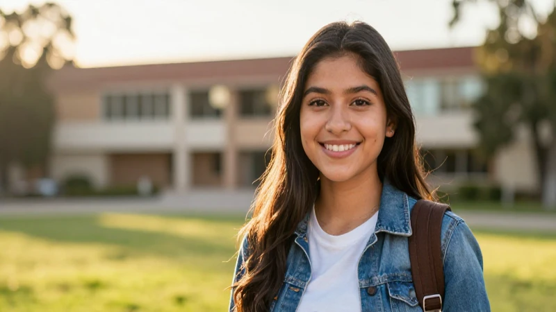 Estudiante sonriente en el campus al atardecer