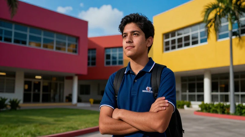 Estudiante mexicano en un campus académico moderno