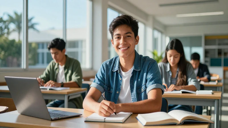 Estudiante mexicano sonriente en campus moderno