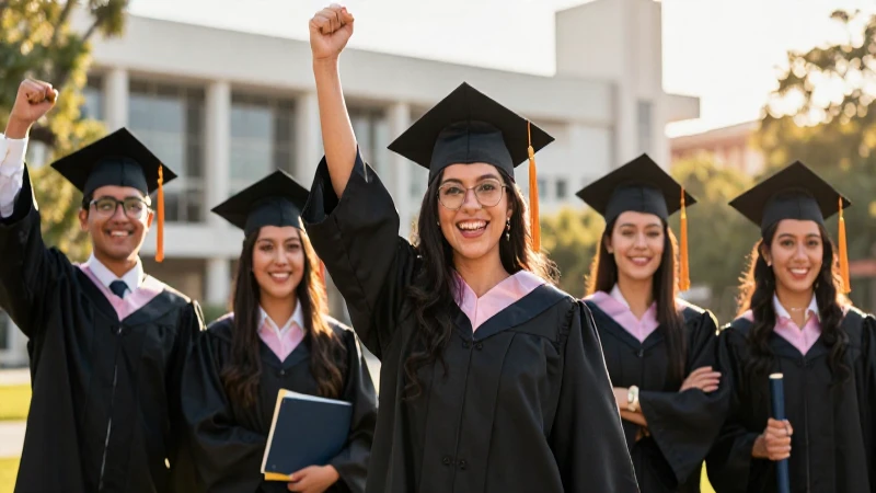 Joven mexicana graduada en campus moderno al atardecer
