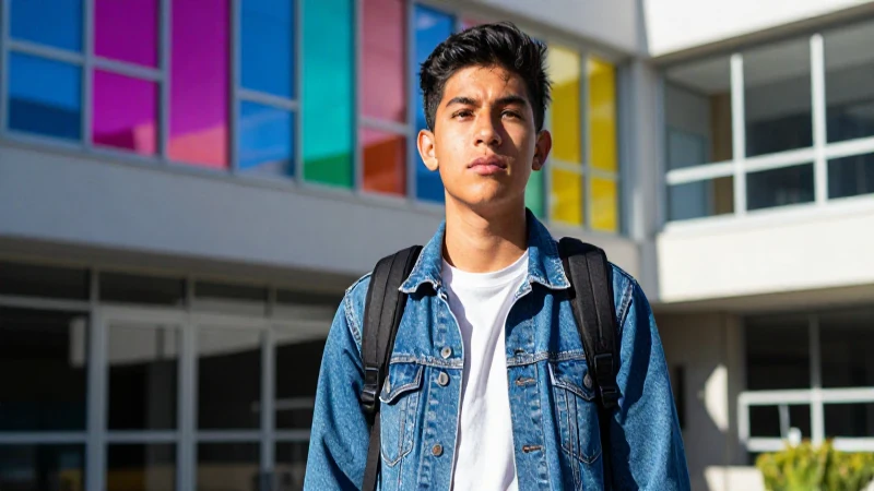 Retrato de estudiante mexicano en campus moderno
