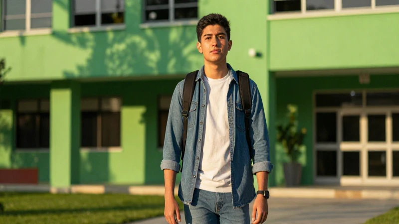 Joven estudiante mexicano en campus moderno al atardecer