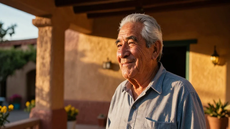 Abuelo mexicano sonriente en cálida luz dorada