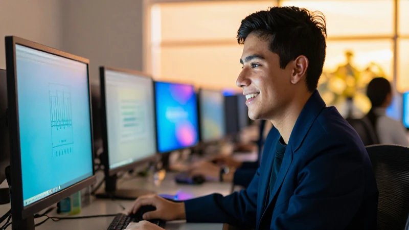 Estudiante mexicano sonriente frente a pantalla iluminada