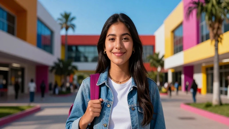 Estudiante mexicano vibrante en campus moderno