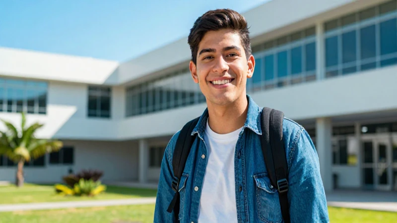 Joven estudiante mexicano sonríe en campus universitario moderno