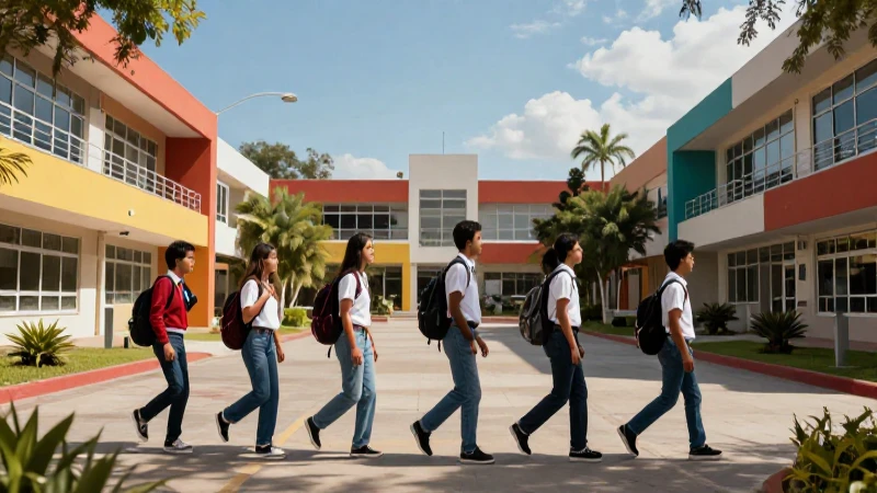 Estudiantes mexicanos en campus vibrante, simbolizando progreso
