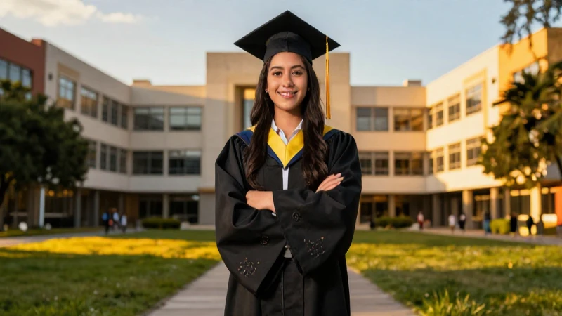 Estudiante mexicano con traje académico al atardecer