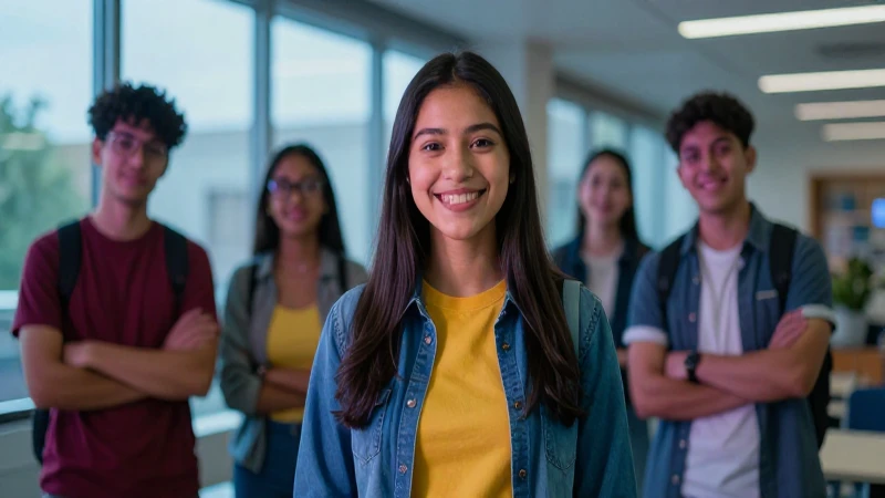 Estudiante mexicano sonriente en moderno entorno académico