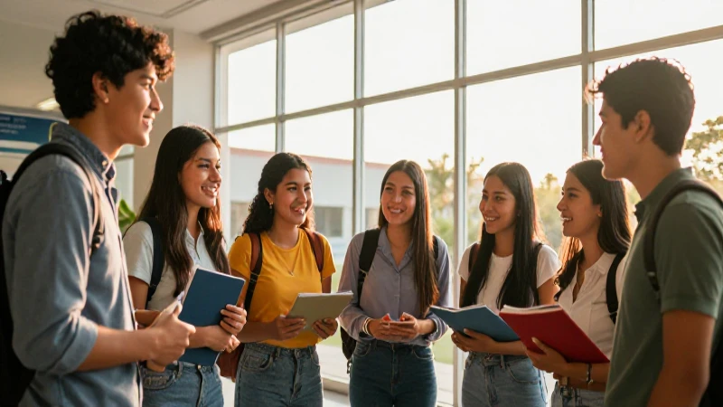 Estudiantes mexicanos colaboran felices en campus moderno al atardecer