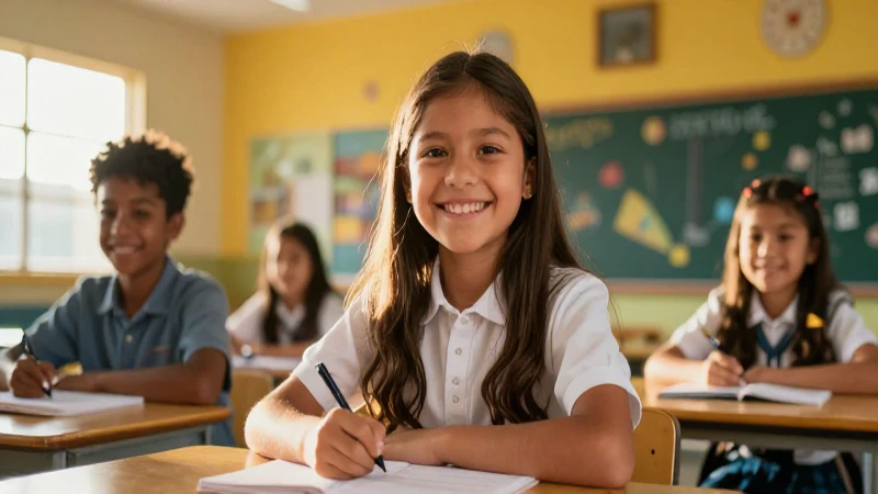 Niño mexicano sonriente en escuela luminosa
