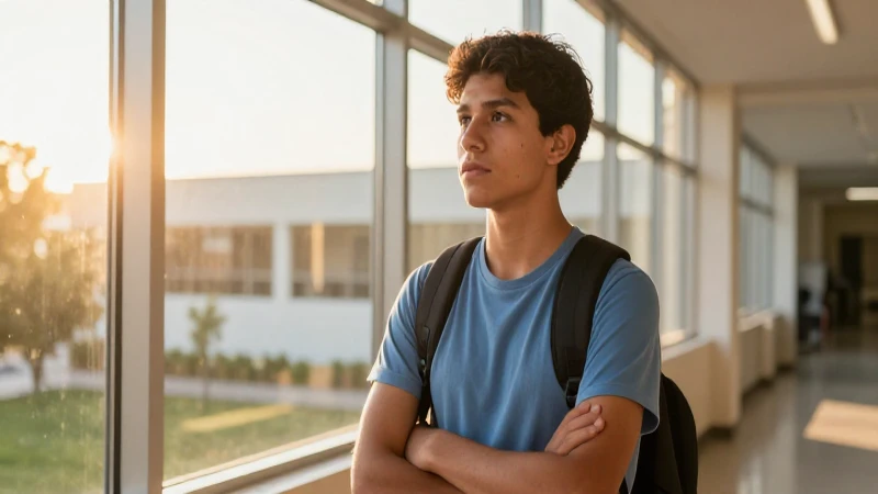 Joven estudiante mexicano en campus bajo luz dorada