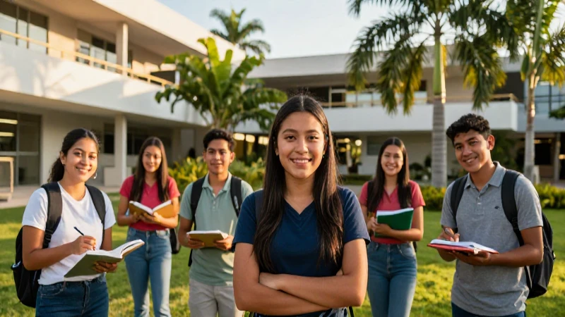 Estudiantes mexicanos sonrientes en campus soleado