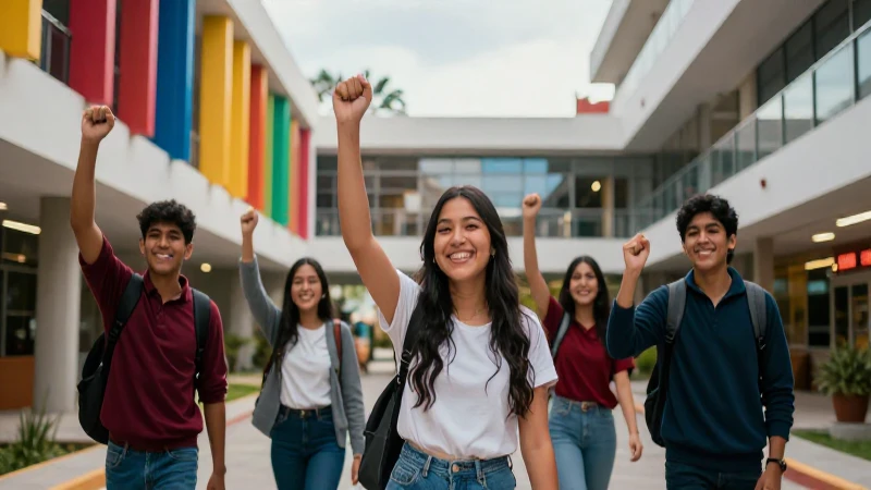 Estudiantes mexicanos celebrando éxito en moderno campus