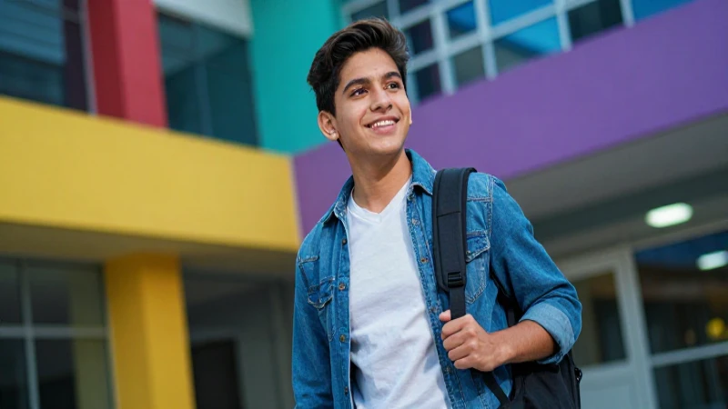 Joven mexicano sonríe en campus moderno