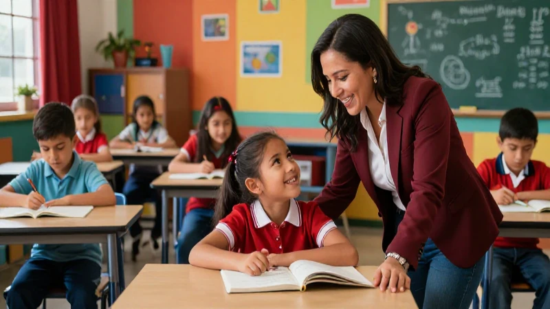 Maestra mexicana guía a alumno alegre