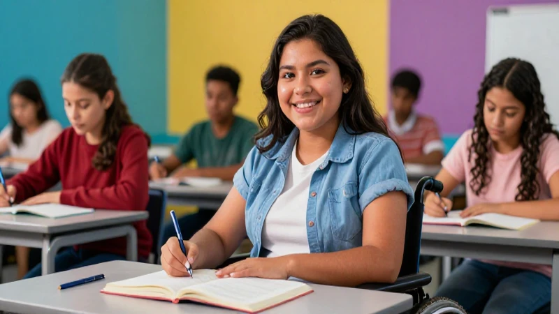 Joven mexicano sonriente y diverso estudia en clase vibrante