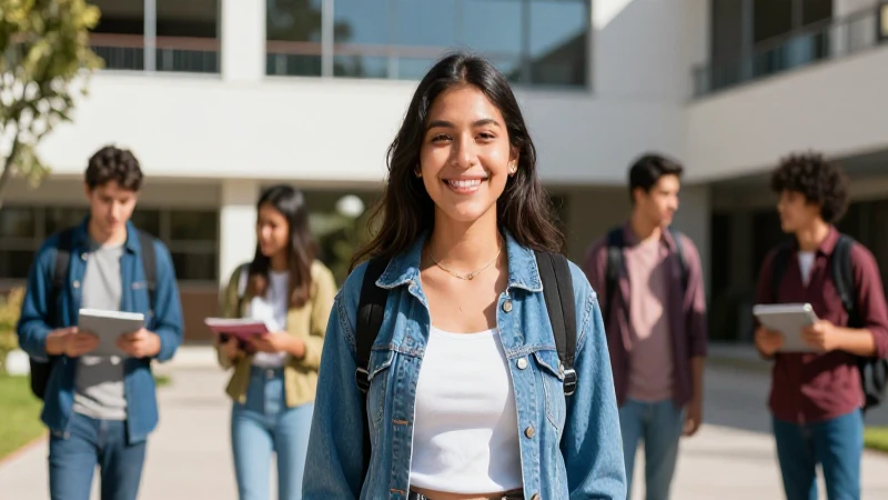 Joven mexicana sonríe en campus moderno y soleado
