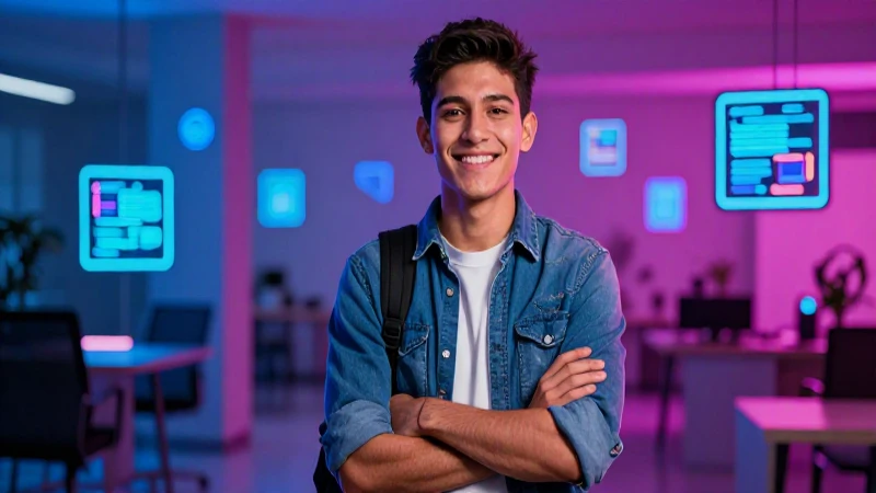 Joven estudiante mexicano sonriente en un campus moderno