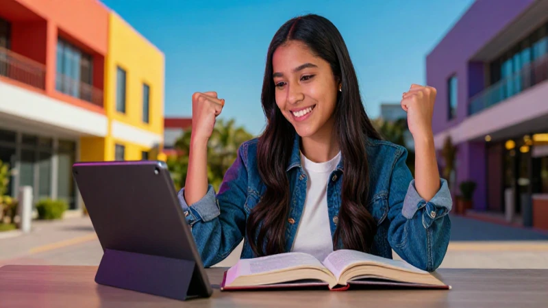 Estudiante mexicano exitoso en campus moderno