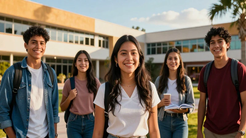 Estudiantes mexicanos sonrientes en campus moderno