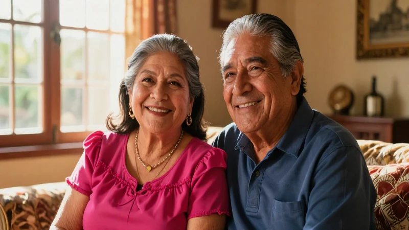 Pareja mexicana anciana en casa bajo luz cálida