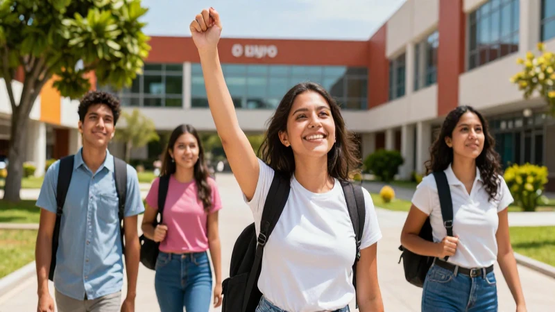 Estudiante mexicano esperanzado en campus moderno