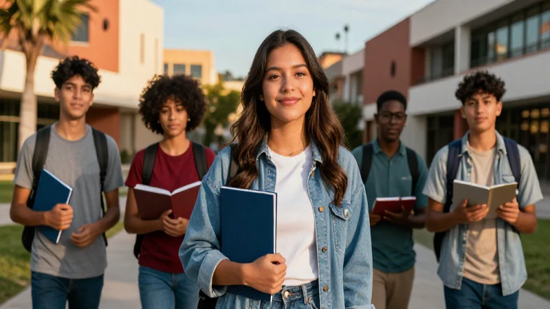 Estudiante mexicano exitoso en campus moderno y vibrante