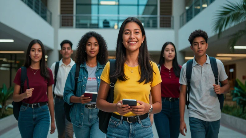 Jóvenes mexicanos entusiastas en campus moderno