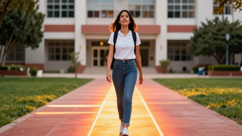 Mujer mexicana camina hacia oportunidades universitarias brillantes