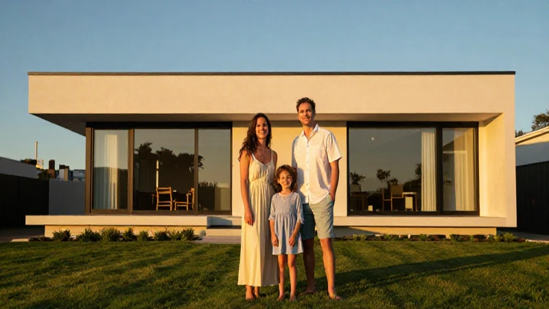 Familia feliz en moderna casa al atardecer