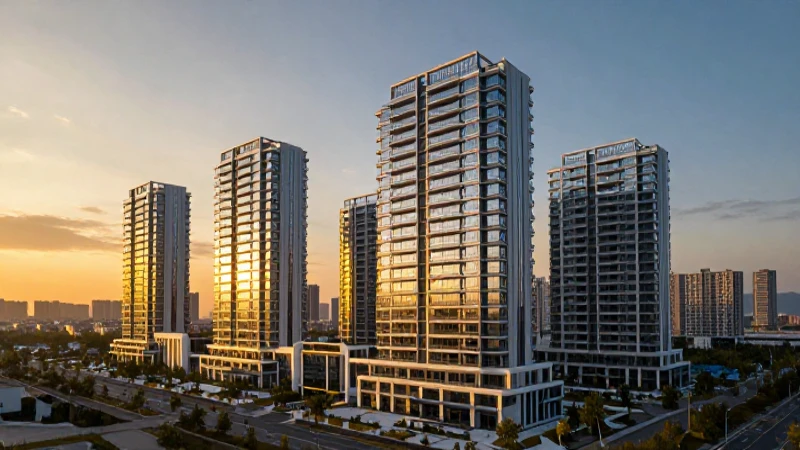Complejo futurista con luz dorada en crecimiento urbano