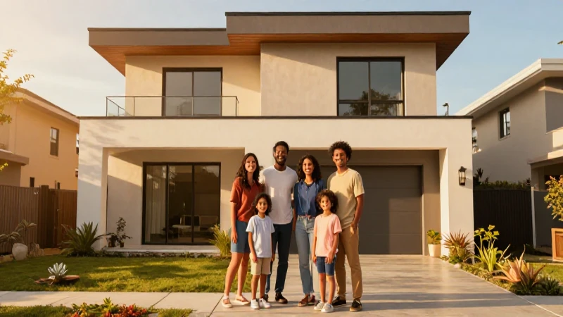 Familia en casa moderna al atardecer