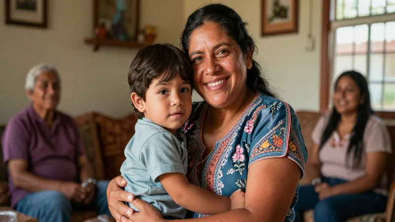 Madre sonriente con su hijo en un hogar lleno de luz