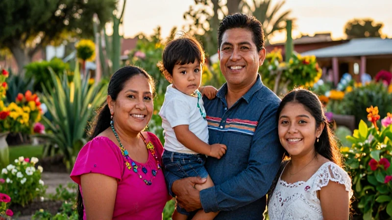Familia mexicana sonriendo en jardín vibrante