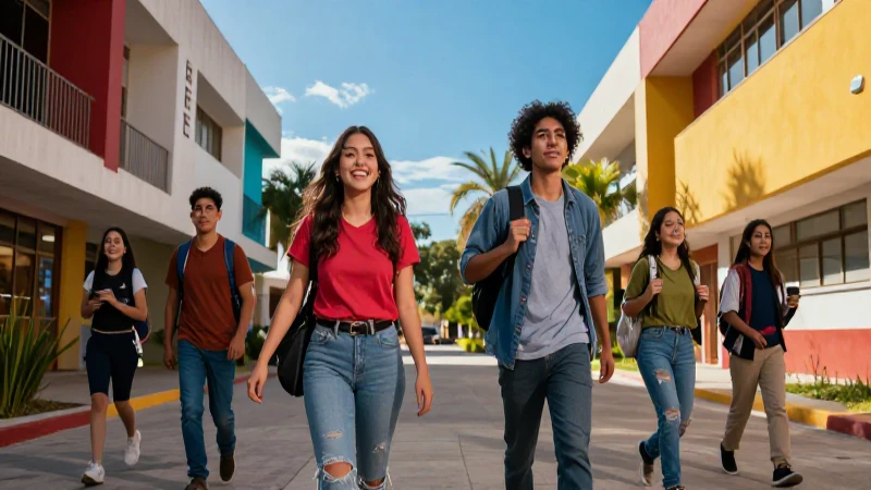 Grupo mexicano vibrante en campus moderno
