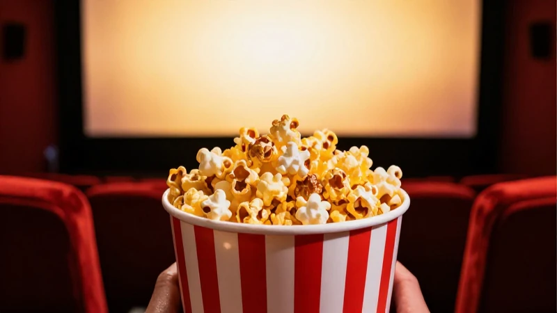 Manos con palomitas bajo un brillo cinematográfico