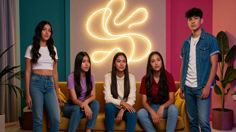 Jóvenes mexicanos en sala de estar abstracta y vibrante