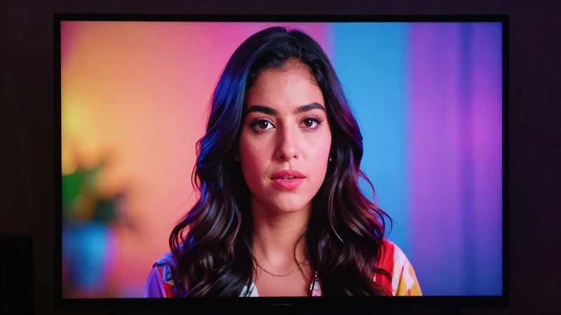 Mujer mexicana enfocada en la pantalla brillante