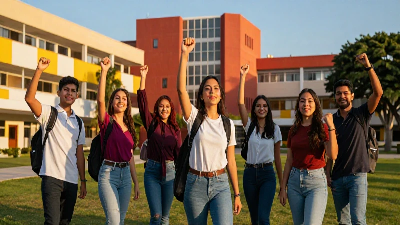 Estudiantes mexicanos celebrando éxito en campus vibrante